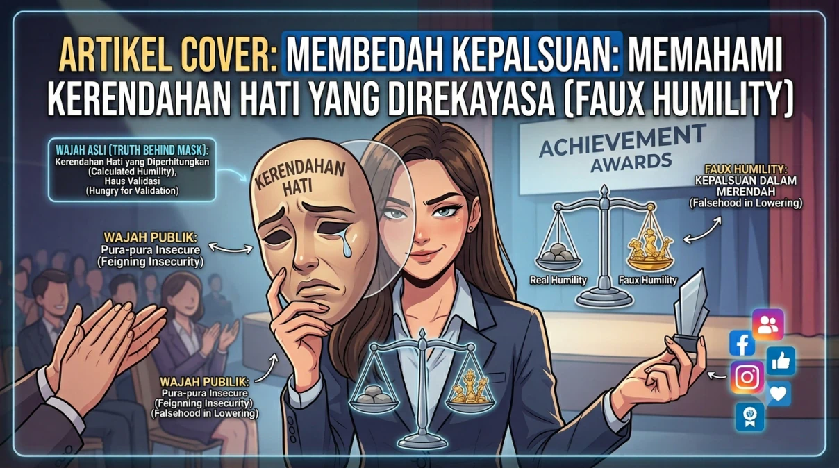 Ilustrasi konseptual infografis mengenai perbedaan antara kerendahan hati sejati dengan topeng kepalsuan digital