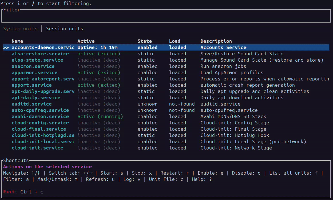Systemd Manager TUI demo GIF
