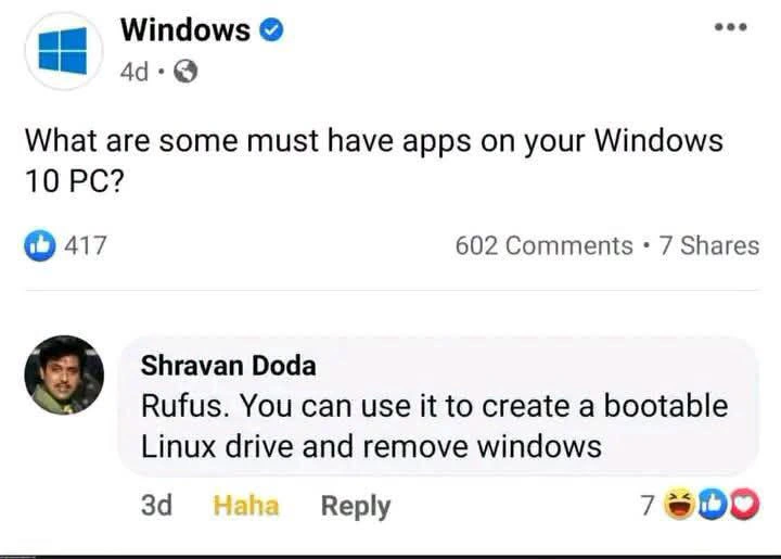 Trolling Rufus pada akun Facebook resmi Windows