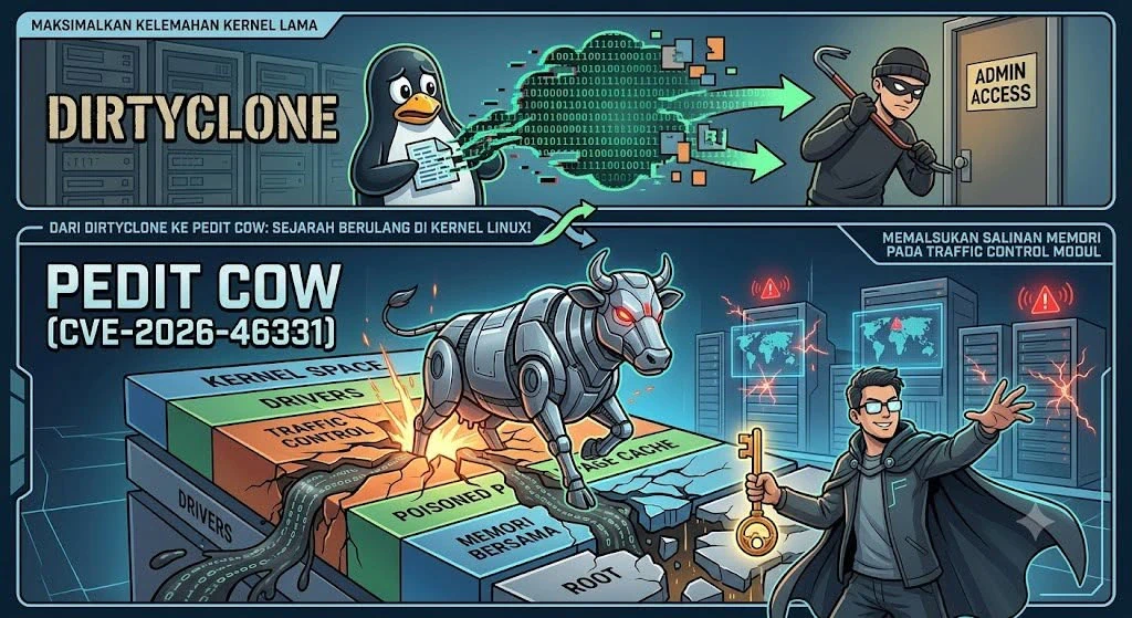 Ilustrasi eksploitasi celah keamanan Pedit Cow pada Linux Kernel melalui memori tanpa modifikasi file