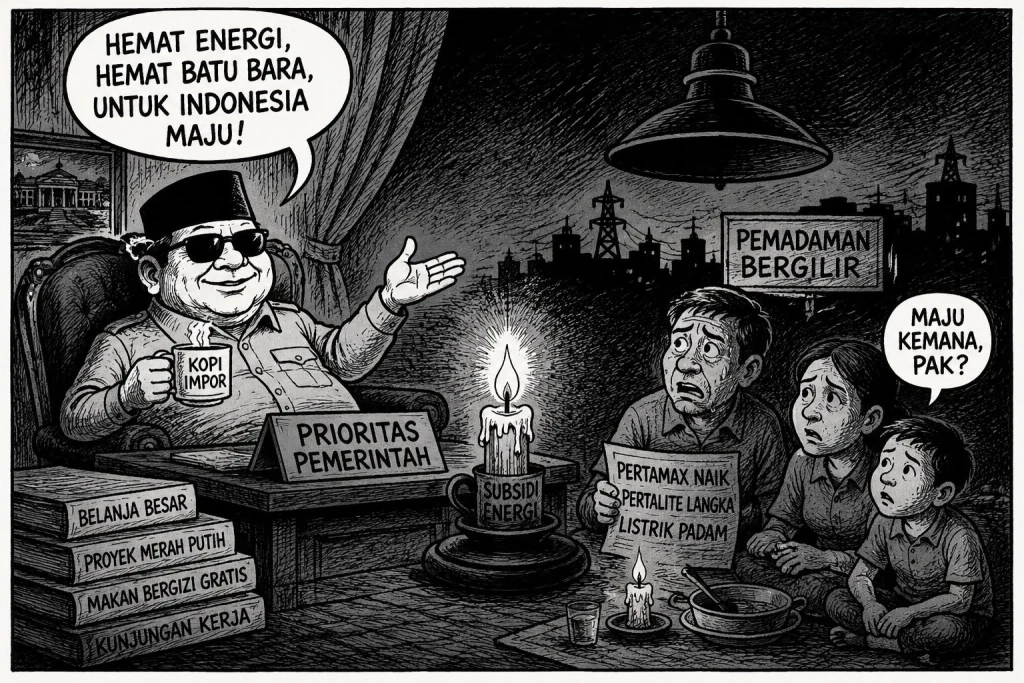 Ilustrasi lilin yang nyalanya mulai redup di tengah gelap, simbol energi dan kepercayaan publik yang kian menipis.