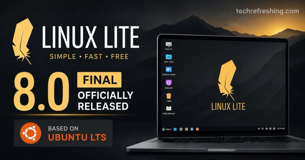 Ilustrasi peluncuran antarmuka Linux Lite 8.0 yang ringan namun bertenaga