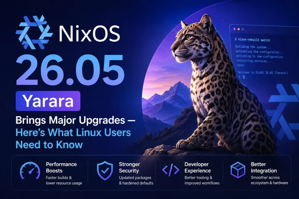 Ilustrasi konseptual ekosistem NixOS 26.05 Yarara yang ditenagai ribuan paket aplikasi modern