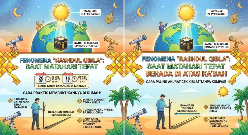 Ilustrasi fenomena Rashdul Qibla, matahari tepat di atas Ka'bah dan bayangan menunjuk arah kiblat