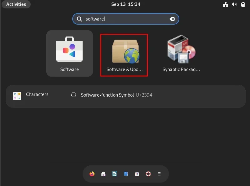 Memasukkan 'Software & Updates' ke dalam bilah pencarian aplikasi GNOME