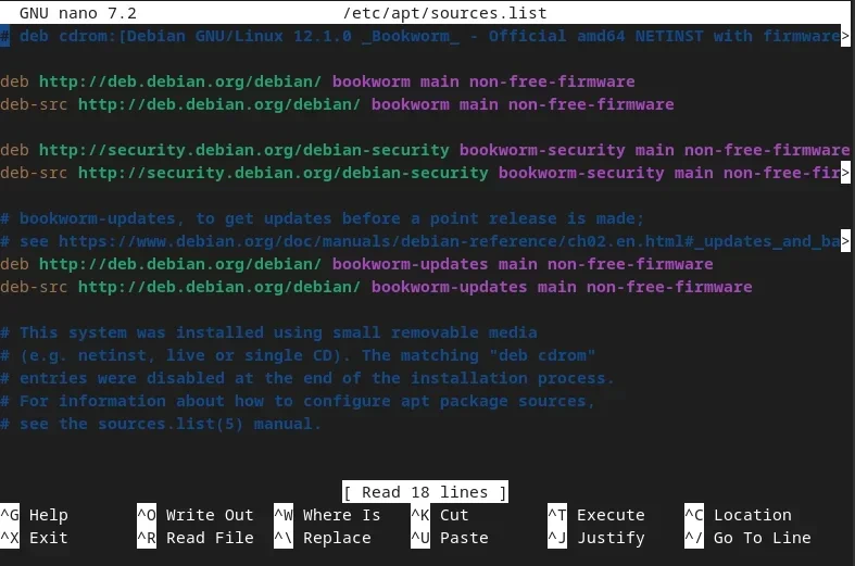 Tampilan file sources.list yang terbuka di dalam editor teks Nano via Terminal
