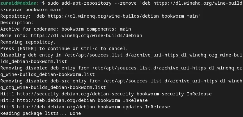 Terminal mengeksekusi flag remove untuk menghapus repositori spesifik dari sistem
