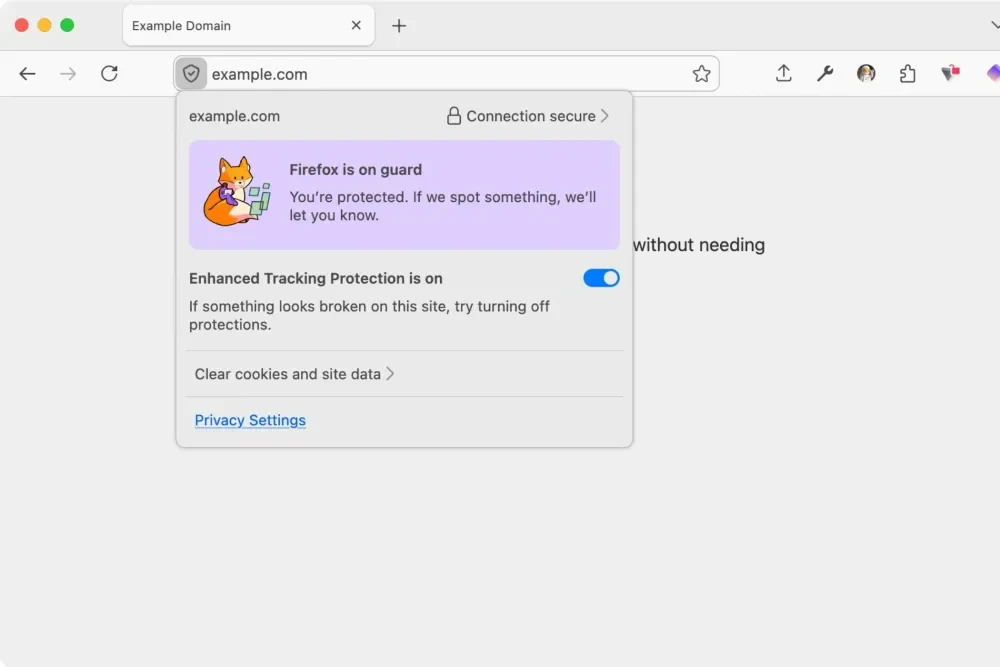 Trust Panel Firefox 149 menampilkan izin situs dan proteksi privasi dalam satu popup
