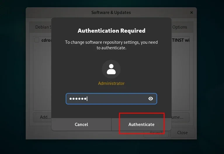 Mengetik kata sandi administratif dan menekan Authenticate