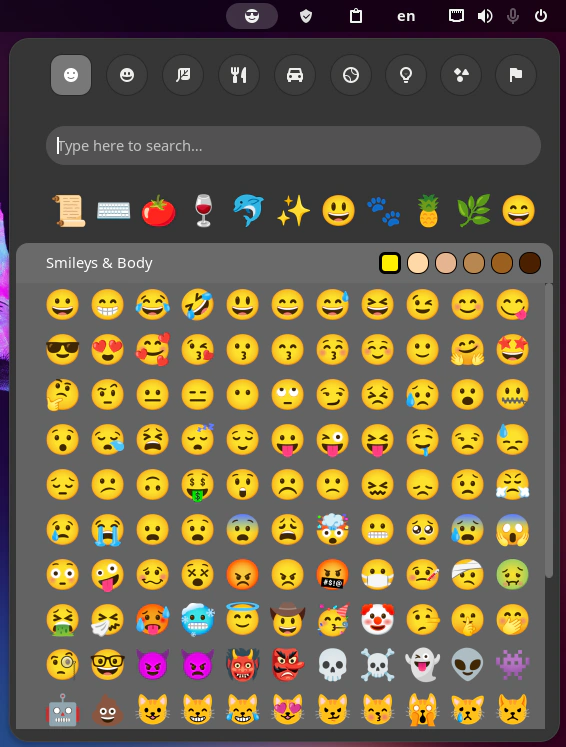 Tampilan antarmuka menu pop-up Emoji Copy di GNOME Shell