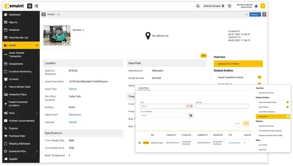 Asset management screen eMaint CMMS