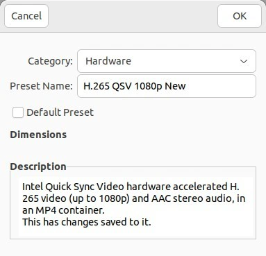 Jendela pop-up Save As Preset di HandBrake