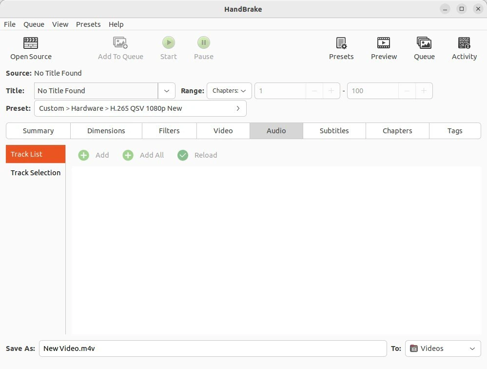 Tab Audio di HandBrake menunjukkan fitur Track Selection Behavior