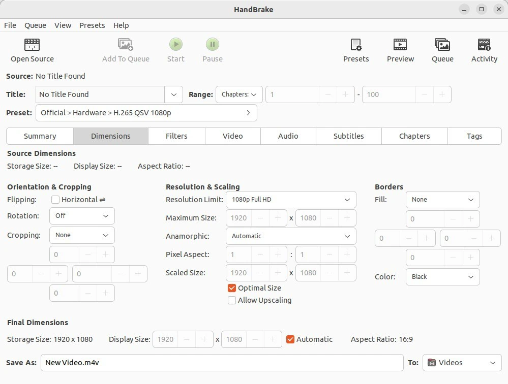 Tab Dimensions pada HandBrake untuk mengatur Resolution Limit