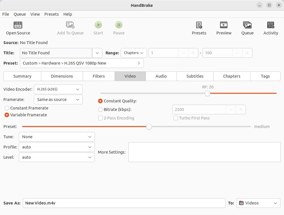 Tab Video pada HandBrake menampilkan pemilihan Video Encoder H.265