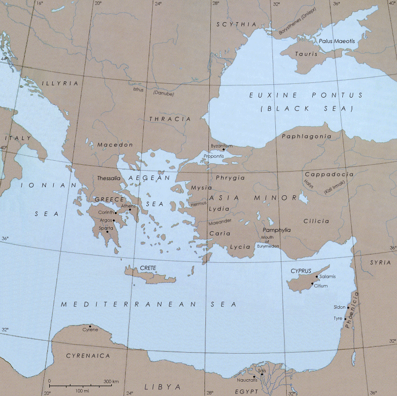 Peta topografi klasik yang memperlihatkan timur Mediterania dan wilayah Levant