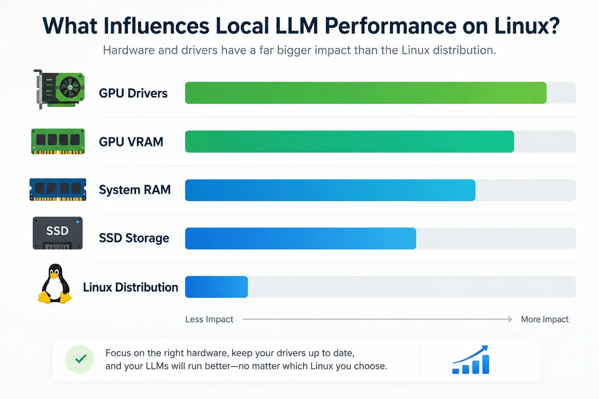 Infografis penjelasan faktor-faktor yang mempengaruhi performa LLM lokal seperti GPU, VRAM, dan RAM