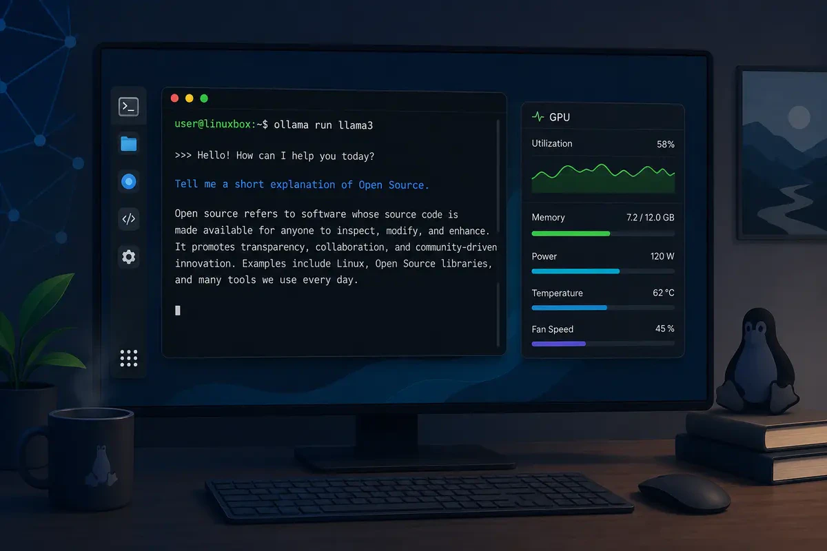Tampilan antarmuka Linux yang menjalankan model kecerdasan buatan secara lokal dengan terminal